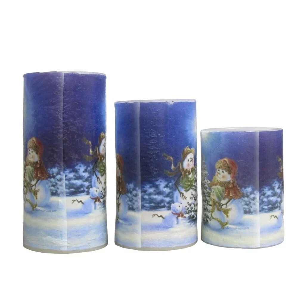Holiday SNOWMAN NIB 3 Piece FLAMELESS LED Candle set Christmas Xmas Winter New